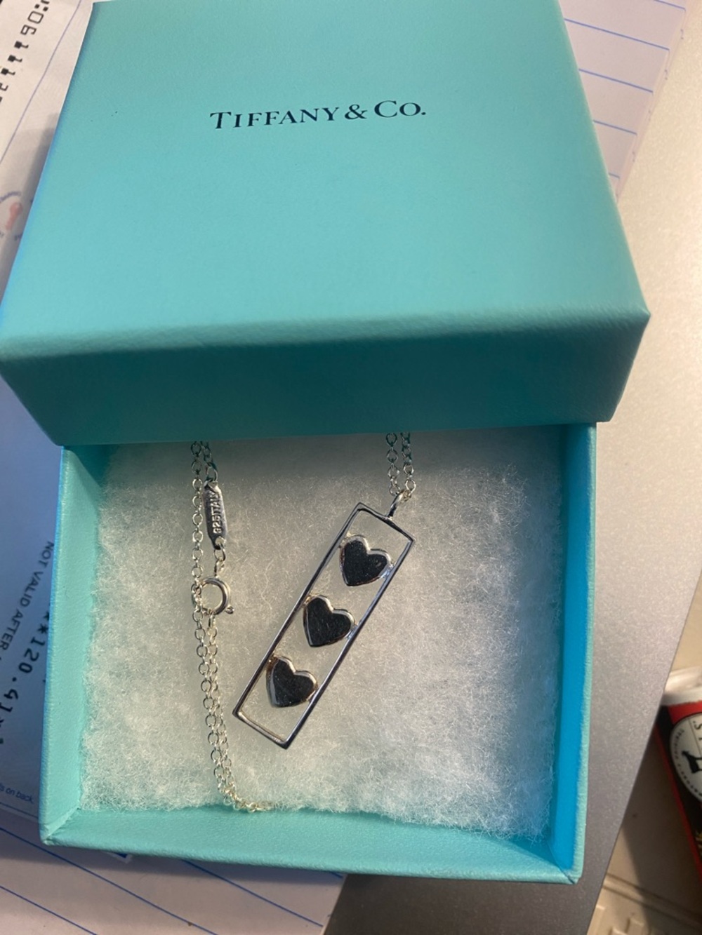 Tiffany & Co.Sterling Silver Three-Heart Bar Necklace Tiffany Blue Box 18” chain